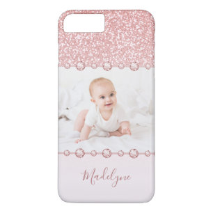 Roos Roze Glitter Rhinestone Naam Foto iPhone 8/7 Plus Hoesje