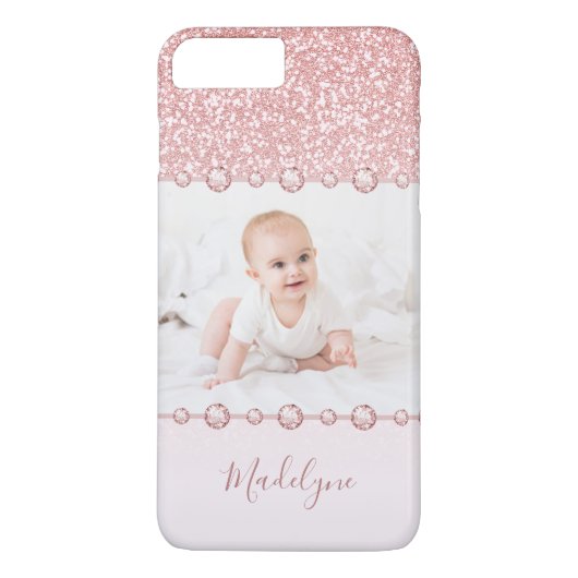 Roos Roze Glitter Rhinestone Naam Foto Case-Mate iPhone Case (Achterkant)