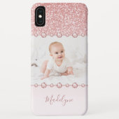 Roos Roze Glitter Rhinestone Naam Foto Case-Mate iPhone Case (Achterkant)