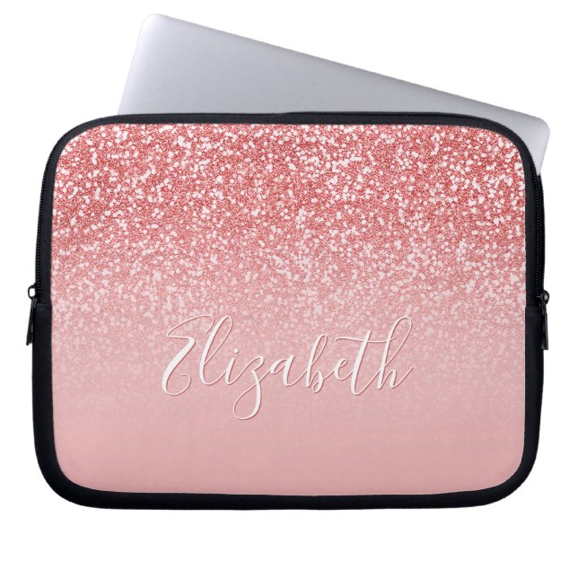 Roos Roze Glitter Roze Ombre Naam Laptop Sleeve (Voorkant)
