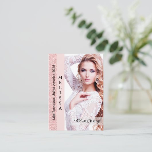Roos Roze Glitz Pageant Foto Visitekaartje (Staand voorkant)