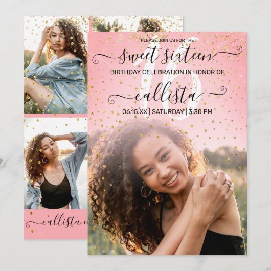 Roos Roze Gold Confetti Foto Collage Sweet 16 Kaart (Voorkant / Achterkant)