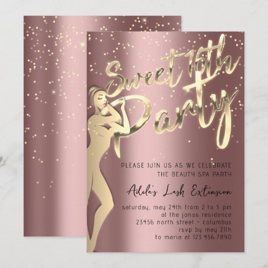 Roos Roze Gold Confetti - Zoete 16e partij Kaart (Voorkant / Achterkant)