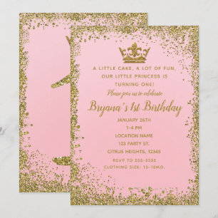 Roos Roze & Gold Glitter Crown 1ST Birthday Party Kaart