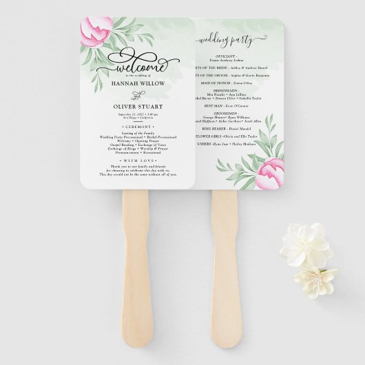 Roos Roze Goud Bloemen Groen Bruiloft Programma Handwaaier (Voorkant en achterkant)