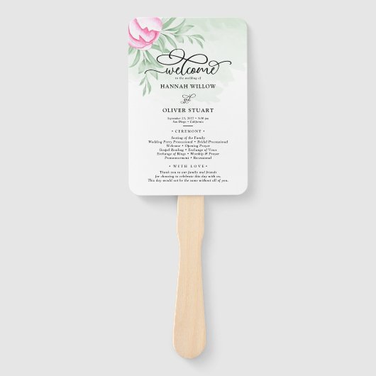 Roos Roze Goud Bloemen Groen Bruiloft Programma Handwaaier (Voorkant)