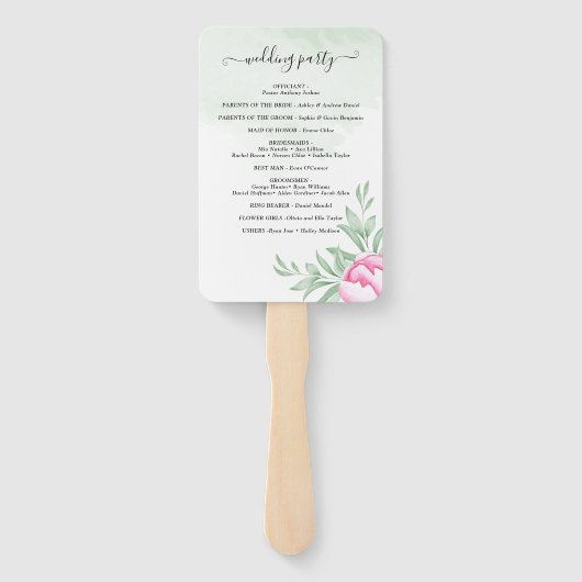 Roos Roze Goud Bloemen Groen Bruiloft Programma Handwaaier (Achterkant)