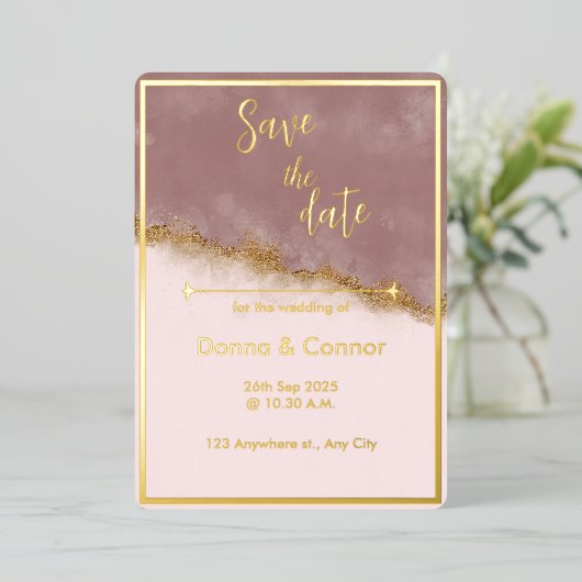 Roos Roze & Goud Save the Date Wedding Invitation Folie Uitnodiging (Staand Voorkant)