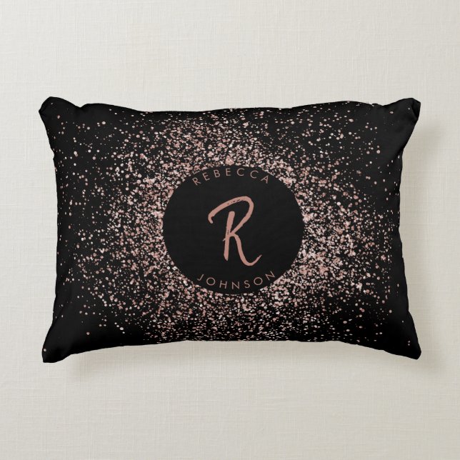 Roos roze goud & zwart glitter Lijst monogram Accent Kussen (Voorkant)