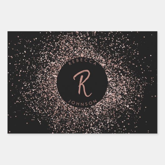 Roos roze goud & zwart glitter Lijst monogram Inpakpapier Vel (Voorkant 3)