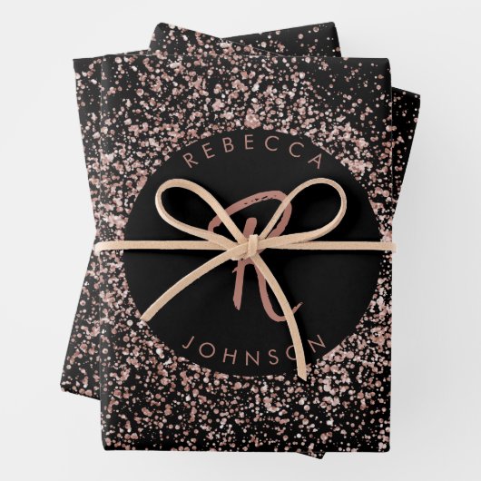 Roos roze goud & zwart glitter Lijst monogram Inpakpapier Vel (In situ)
