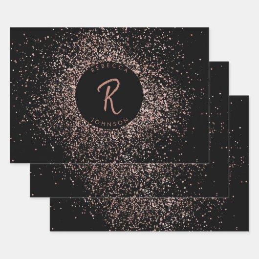 Roos roze goud & zwart glitter Lijst monogram Inpakpapier Vel (Set)