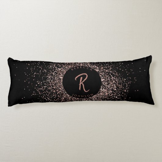 Roos roze goud & zwart glitter Lijst monogram Lichaamskussen (Achterkant)