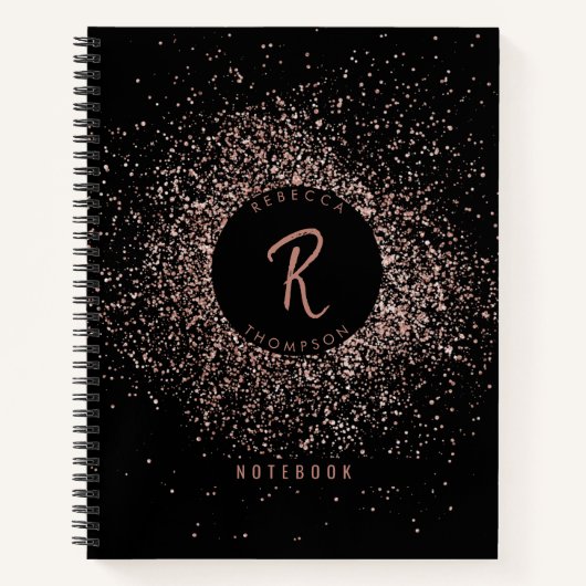Roos roze goud & zwart glitter Lijst monogram Notitieboek (Voorkant)