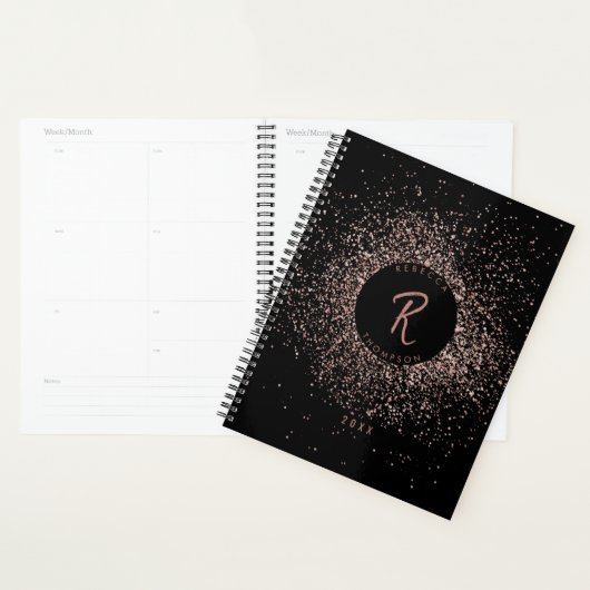 Roos roze goud & zwart glitter Lijst monogram Planner (Display)