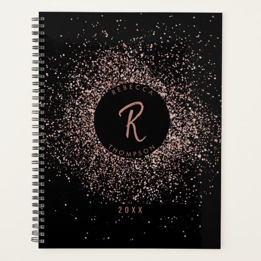 Roos roze goud & zwart glitter Lijst monogram Planner (Voorkant)