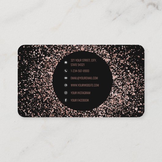 Roos roze goud & zwart glitter Lijst monogram Visitekaartje (Achterkant)