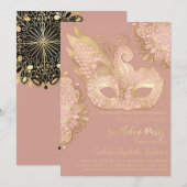 Roos Roze Goud Zwart Maskerade Verjaardag Kaart (Voorkant / Achterkant)