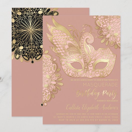 Roos Roze Goud Zwart Maskerade Verjaardag Kaart (Voorkant / Achterkant)