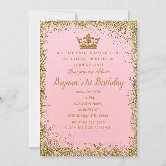 Roos Roze & Gouden Glitter Kroon 1e Verjaardagsfee Kaart (Voorkant)