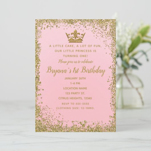 Roos Roze & Gouden Glitter Kroon 1e Verjaardagsfee Kaart (Staand voorkant)