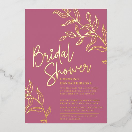 Roos roze gouden tak van bladeren vrijgezellenfees folie uitnodiging (Voorkant)