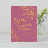 Roos roze gouden tak van bladeren vrijgezellenfees folie uitnodiging (Staand Voorkant)