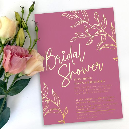 Roos roze gouden tak van bladeren vrijgezellenfees folie uitnodiging