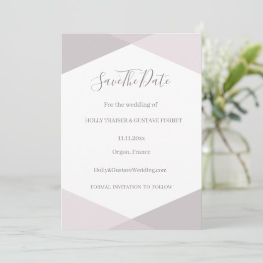 Roos roze grijze witte hexagon sparen de datum bru kaart (Staand voorkant)