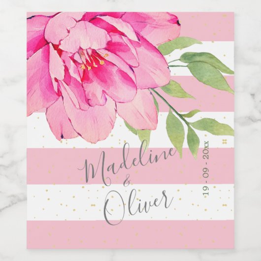 Roos Roze groene streep Floral Chic Silver Wijn Etiket (Enkel label)