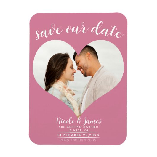Roos Roze Hart Foto Bruiloft Save the Date Magneet (Verticaal)