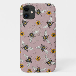 Roos Roze Honingbij en Bloemen Patroon Case-Mate iPhone Case