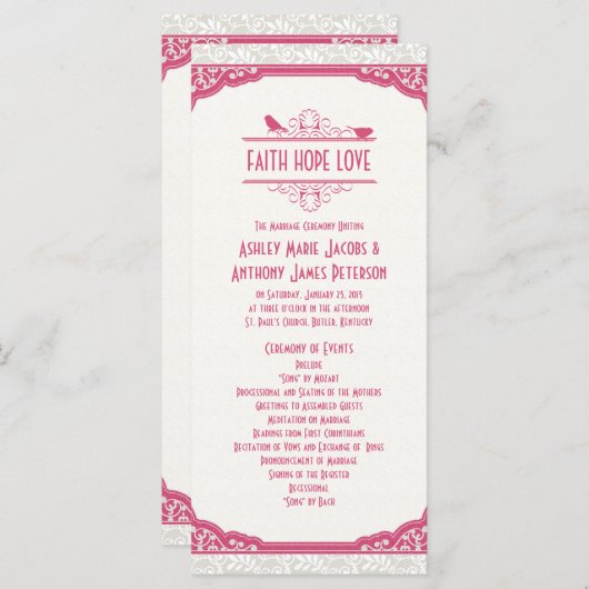 Roos Roze Ivoren Kant Vogels Trouwprogramma Programmakaart (Voorkant / Achterkant)