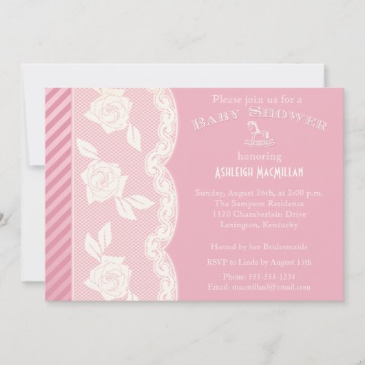 Roos Roze, Ivory Floral Lace Baby shower Invite Kaart (Voorkant)