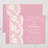 Roos Roze, Ivory Floral Lace Baby shower Invite Kaart (Voorkant / Achterkant)