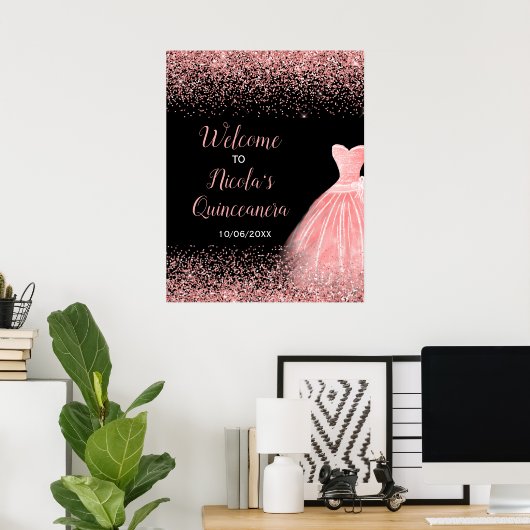 Roos Roze Jurk Faux Glitter Quinceanera Welkom Poster (Thuiskantoor)