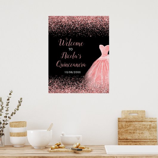 Roos Roze Jurk Faux Glitter Quinceanera Welkom Poster (Keuken)