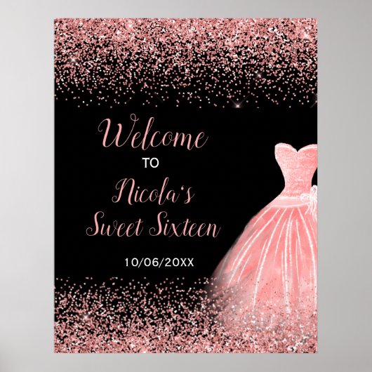 Roos Roze Jurk Faux Glitter Sweet 16 Welkom Poster (Voorkant)