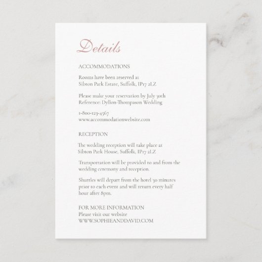 Roos roze kant bruiloft details Informatiekaartje (Voorkant)