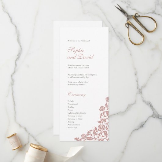 Roos Roze kant bruiloft Programmakaart (Voorkant / Achterkant in situ)