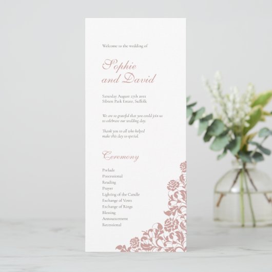 Roos Roze kant bruiloft Programmakaart (Staand voorkant)