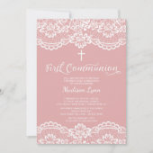 Roos Roze kant Eerste Heilige Communie Uitnodiging (Voorkant)