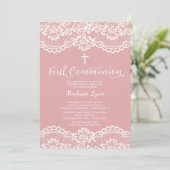 Roos Roze kant Eerste Heilige Communie Uitnodiging (Staand voorkant)