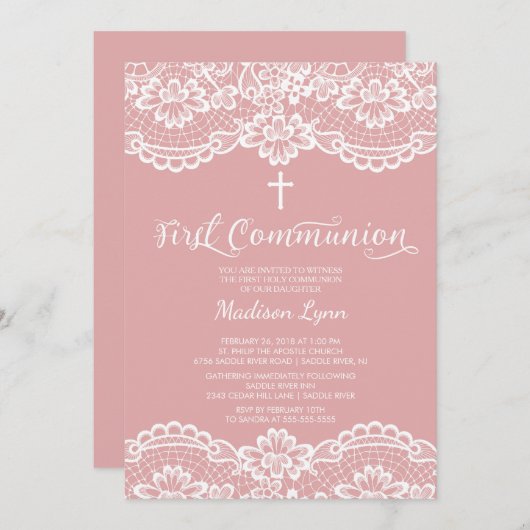 Roos Roze kant Eerste Heilige Communie Uitnodiging (Voorkant / Achterkant)