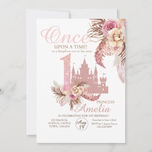 Roos Roze Kasteelbloem Pampas 1e verjaardag Kaart (Voorkant)