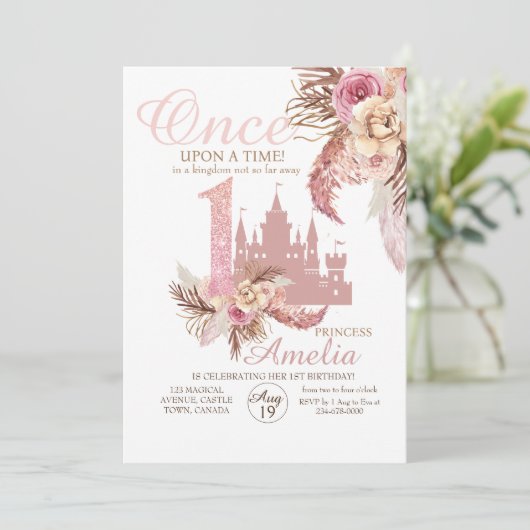 Roos Roze Kasteelbloem Pampas 1e verjaardag Kaart (Staand voorkant)