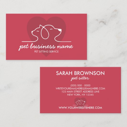 Roos Roze kat en hond samen in het hart Visitekaartje (Voorkant / Achterkant)