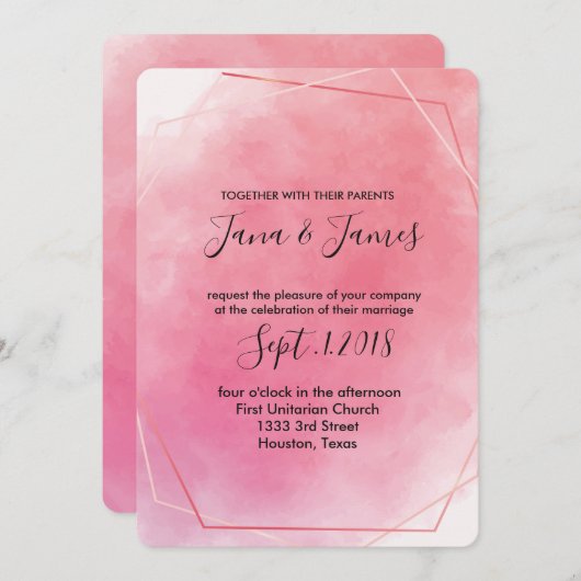 Roos roze lijst waterverf Bruiloft Kaart (Voorkant / Achterkant)