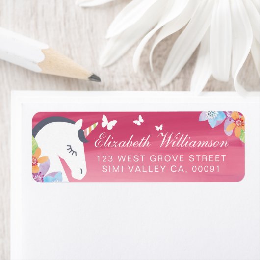 Roos Roze Magische Eenhoorn Vlinder Bloemen Etiket (Insitu)