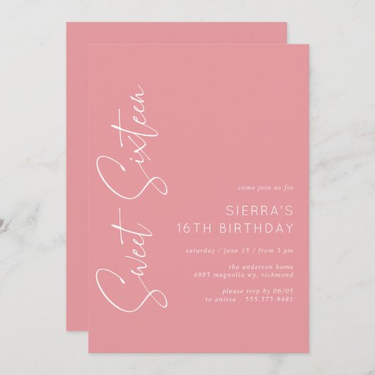 Roos roze meisje lief zestien script 16e verjaarda kaart (Voorkant / Achterkant)